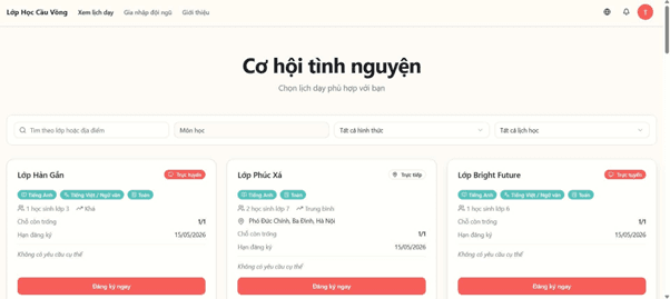 Ảnh màn hình trang Cơ hội tình nguyện với thanh tìm kiếm và bộ lọc